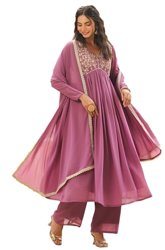 Janasya Lavender Yoke Embroidery Kurta with Palazzo & Dupatta For Women Georgette Fabric Latest Fashion