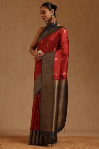 Soch Womens Deep Red Tussar Paisley Zari Woven Saree