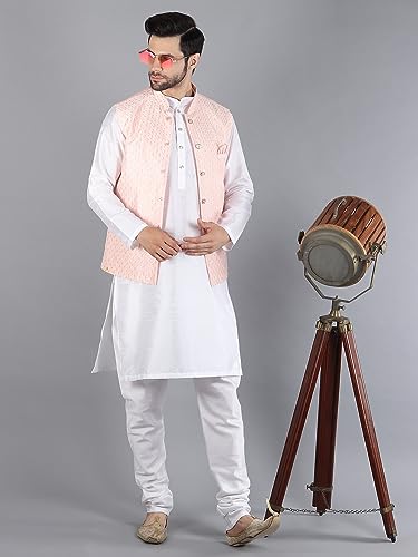 Modern Garments Men's Silk Blend Kurta Pajama with Ethnic Nehru Jacket/Modi Jacket (38, White & Light Pink)