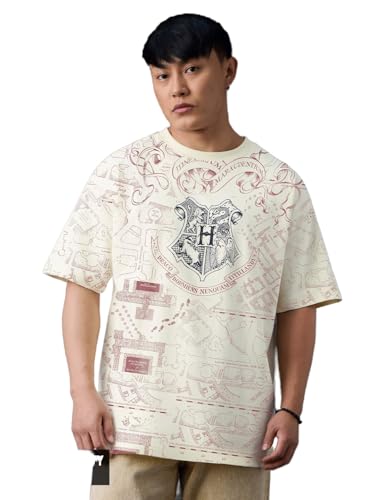 The Souled Store Official Harry Potter: Marauder's Map (Solar) Men and Boys Short Sleeves Round Neck Cream Graphic Printed Magic Map Oversized T-Shirt