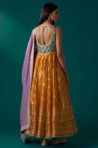 Wishful Women's Yellow and Green Zardozi Embroidered Jacquard Anarkali Kurta with Churidar and Dupatta Set (SP12840-314439-L)