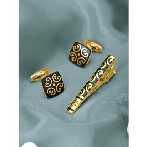 Peora Black Gold Decorative Combo Tie Pin and Cufflinks Set Wedding Business Accessories for Men Boys