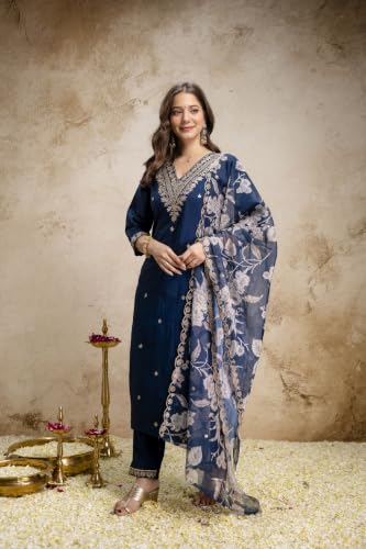 Women's Dark Blue Silk Blend Straight Kurta Set With Dupatta And Pant