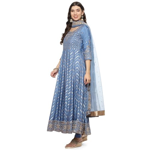 BIBA WOMEN YARNDYED ANARKALI SALWAR KURTA DUPATTA(SKDBANARASI8968_POWDER BLUE_34)