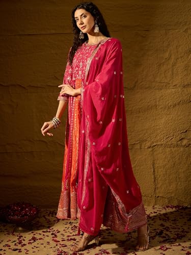 Shampysky Women's Pink Chinon Stitched Gown With Dupatta 3/4 Sleeve Embroidered Anarkali Gown (SSY-1231-Pink-L)