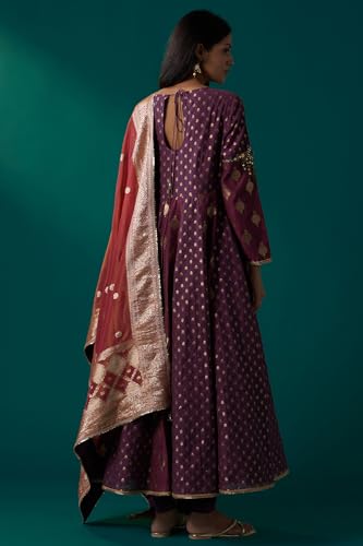 Wishful Women's Purple Zari Embroidered Chanderi Jacquard Anarkali Kurta with Churidar and Dupatta Set (SP12833-314433-XL)