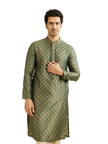 Manyavar Mens Green Art Silk Self Design Kurtas