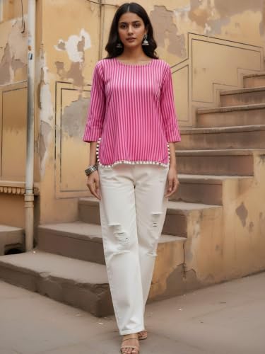 Dora Dori Women Cotton Striped Kurti | Round Neck 3/4 Sleeve Corset Back Tie-Up Detail Lace Detailing | Pink Short Kurti for Women | Casual, Office & Daily Ethnic Wear