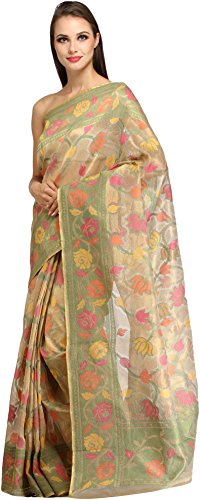 Exotic India Net Saree with Blouse Piece (SDI60-golden_Multicoloured_Free Size)
