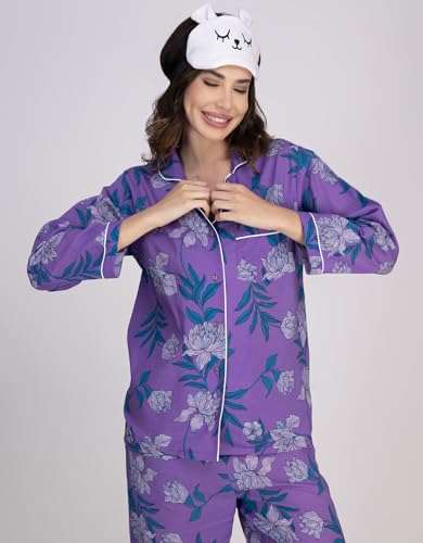 Moomaya Women's Cotton Printed Nightwear Set - Notch Lapel Shirt & Pajama Lounge Suit