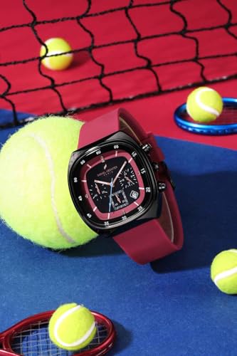 Daniel Hechter Paris Bercy Collection Modern Multi Functional Watch for Men with Square Dial and Silicon Band-DHM1001 (Dial: Black Strap: Red)