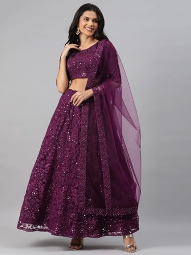 Zeel Clothing Womens Thread Sequins Embroidery Soft Net Semi-stitched Lehenga Choli Set With Dupatta (6017-Purple-Wedding-Stylish-Latest; Free Size)