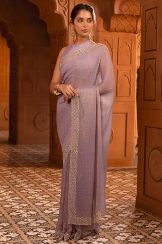 Soch Womens Light Lavender Georgette Floral Print Saree With Stone Work