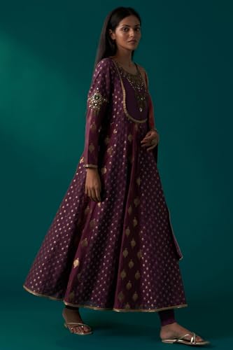 Wishful Women's Purple Zari Embroidered Chanderi Jacquard Anarkali Kurta with Churidar and Dupatta Set (SP12833-314433-XL)