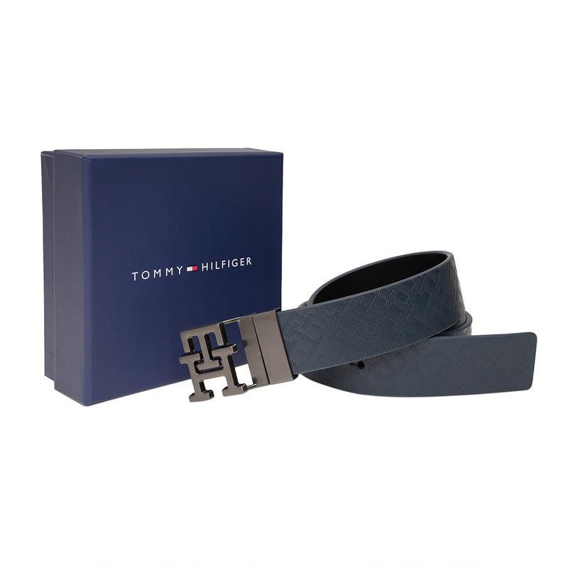 Tommy Hilfiger Men's Farley Reversible Leather Belt - Navy + Black - Brushed Gunmetal Monogram Buckle | S 80cm | Ideal for Gifting