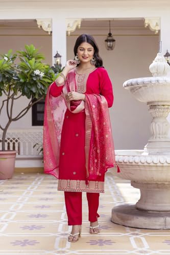 VARNI FABRICS: A lady's First Love Women's Viscose Chanderi Pink Embroidered Kurta Pant With And Bandhani Print Dupatta Set (IN, Alpha, 2XL, Regular)