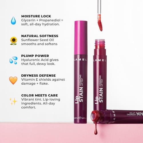 Lamel Hydrating Lip Tint Stain - Expression, Lip-Tint, High-Shine Glossy Finish, Long-Lasting 8-Hour Wear, Lightweight Non-Sticky Lip Stain, Precision Applicator, Natural Tint Effect, Liptint gloss, 2.7 gm