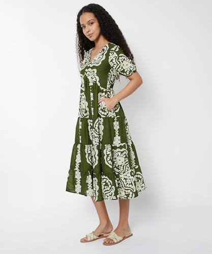 Max Women Printed Tiered Dress(Green_S)