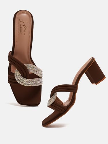 JM LOOKS Women's Block Heeled Sandals Low Chunky Heels Embellished Upper Open Square Toe Dress Shoes for Wedding Bridal Party - Brown