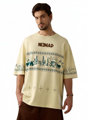The Souled Store Nomad: Life Men and Boys Short Sleeves Round Neck Beige Embroidered Casual Drop Shoulder Streetwear Trendy Super Oversized T-Shirt