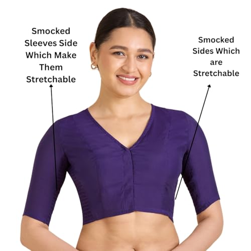Studio Shringaar Women's Cotton Silk Stretchable (Smocked) Readymade Saree Blouse (Purple, 36)