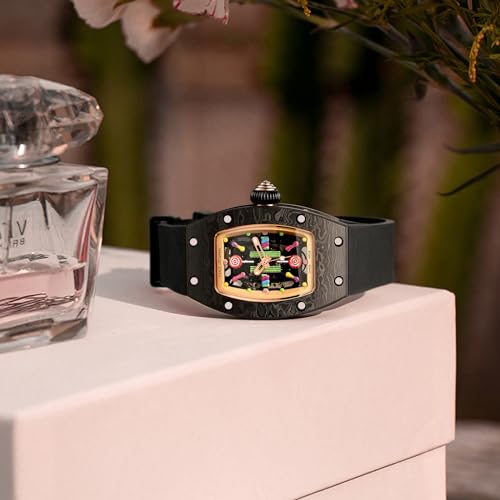 FEICE Women's Automatic Wrist Watch Fashion Skeleton Mechanical Watch with Carbon Fiber Strap Waterproof Wristwatch for Ladies FM606Black