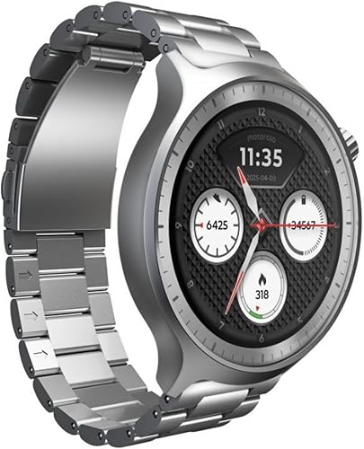 Motorola Moto Watch, 1.4 OLED, AOD, Auto-Brightness, Dual Band GPS, Powered by Polar Smartwatch (Matte Silver/Matte Silver Band Strap, Free Size)