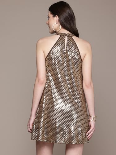 Label RITU KUMAR Halter Neck Sequins Short Dress Brown