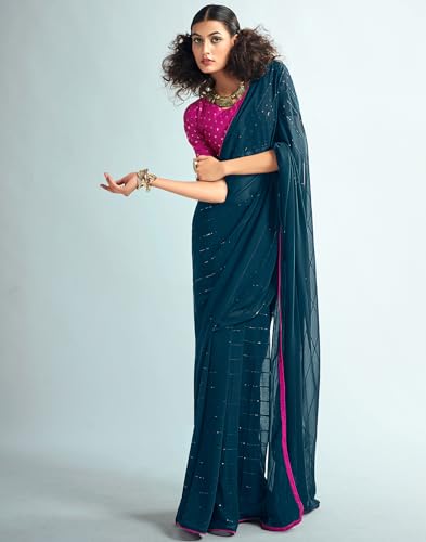 SIRIL Women's Georgette Sequence Work Saree Saree With Unstitched Blouse Piece (3475S705_Blue)
