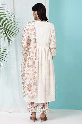 W for Woman White Floral Printed Textured Cotton Gathered Kurta, Pants and Dupatta Set (Size: M)-WS11620-222350