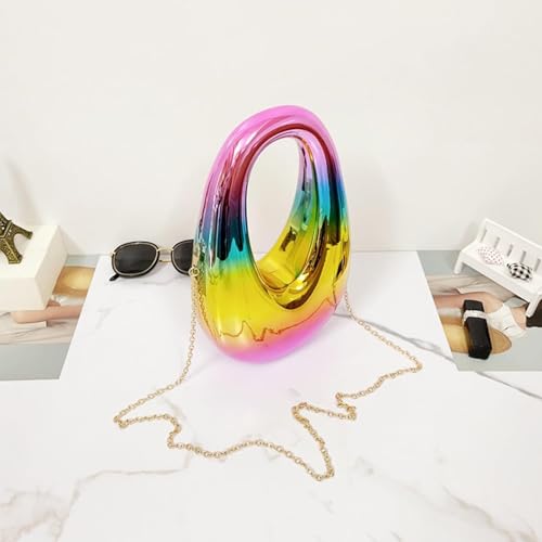 HAYSCH Metallic Acrylic Evening Handbag for Women | Crossbody Sling Bags with Detachable Chain Strap Glossy Stylish Latest Ladies Girls Small Size Cute Party Wedding Bag (Rainbow Oval Sling)