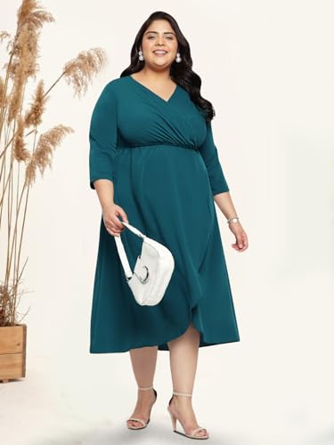 wild U Women Plus Size Casual Midi Dress | Wrap | Long Sleeve | Comfort fit | Long | Western Stylish (Green, Size 5XL)