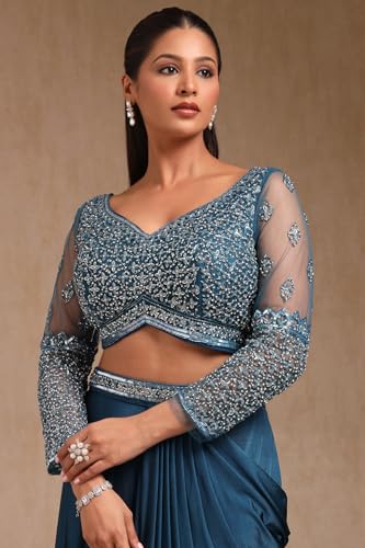 Soch Womens Teal Nylon Blend Solid Ready To Wear Saree With Cutdana