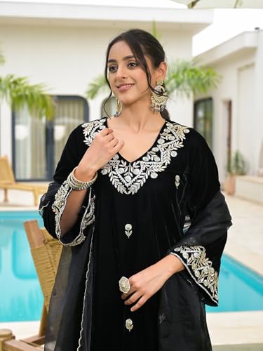 Divena Floral Embroidered Regular Zardozi Velvet Kurta with Trousers & Dupatta