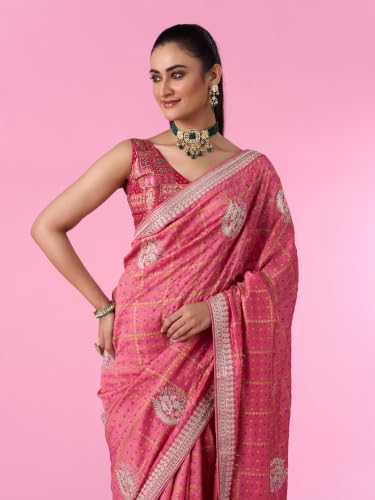 MOHEY Women's Art Silk Printed, Stone Work & Thread Work Saree with Blouse Piece (Pink)