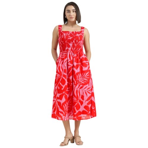 United Colors of Benetton Regular Fit Shoulder Straps Printed Dress (Size : L) - 26P4WVNDR327I901 Red