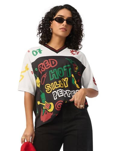 The Souled Store Silly Peppers Women and Girls Short Sleeves V Neck Black Graphic Printed Polyester Oversized Sporty Casual Quick Dry Breathable Lightweight Everyday Streetwear Jersey