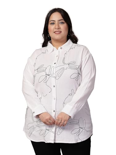 Women Plus Size Abstract Printed Monochrome Cotton Casual Shirt (FSTP23579-WHITE-3XL)