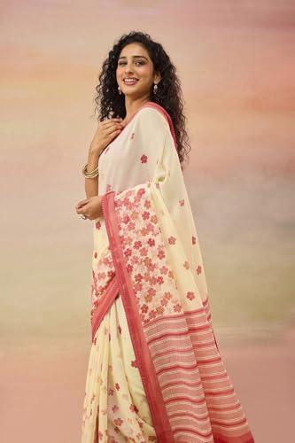 Taneira Women Light Yellow Cotton Mulmul Bengal Screen Print Saree with Unstitched Blouse (SAIP01AD4408 - Light Yellow)