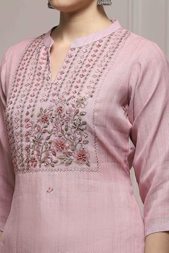 Biba Women Pink Linen Blend Hand Embroidered Unstitched Suit Set_FREE SIZE