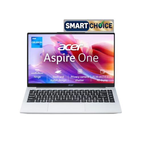 Acer Smartchoice Aspire One, Intel Core Celeron N4500, 12GB LPDDR4 RAM/ 256GB SSD, 14.0"/35.56cm WXGA Display, Intel UHD Graphics, Win 11 Home, Pure Silver, 1.3 Kg, A114-45, Thin and Light Laptop