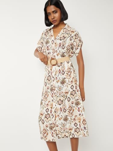 Max Women Printed Midi Dress with Belt (Beige_XXL)