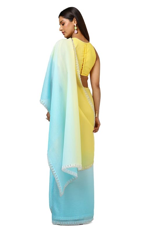 Soch Womens Yellow Tissue Ombre Saree With Stone Work