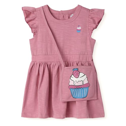 Nautinati Girls’ Print Fit & Flare Dress with Sling Bag| Cotton| Age 0-36 Months Pink