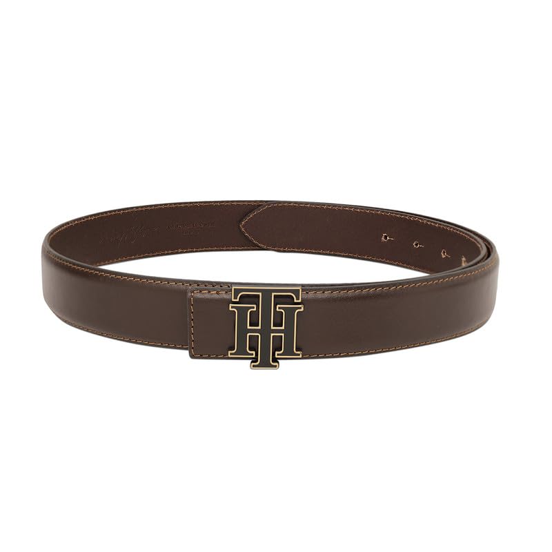 Tommy Hilfiger Men's Skibet Leather Belt - Th Interlock Monogram - Rich Brown For Classic Casual Styling & Gifting | Size M - 90 CM
