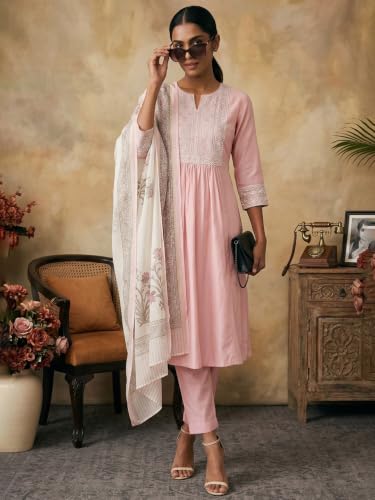 Max Women Embroidered A-line Kurta Set with Dupatta (Pink_XXL)
