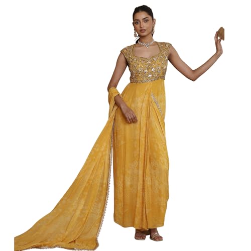 Biba Women Yellow Poly Georgette Digital Printed Gown Saree_38