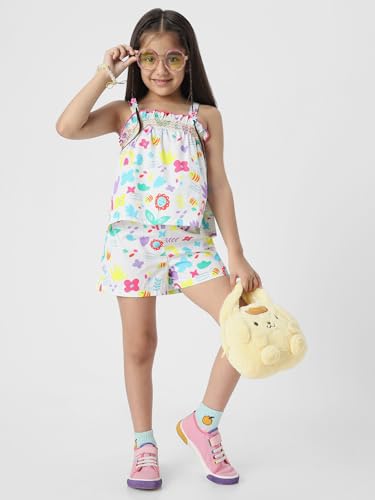 Nauti nati Girls Printed Shoulder Strap Pure Cotton Top with Shorts