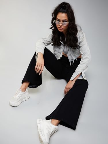 Miss Chase Women's Wide Leg High Rise Patch Pocketed Regular Stretchable Denim Jeans (MCSS24DEN79-02-331-38, Lead Black, 38)