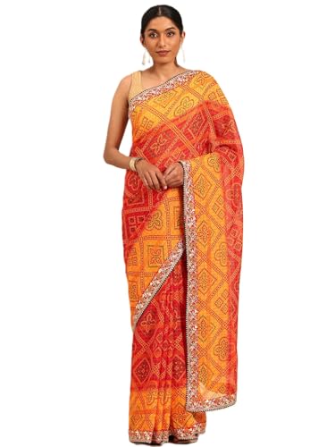 Panzora Women's Yellow Georgette Bandhani Gota Patti Work Border Saree With Unstitched Blouse Piece